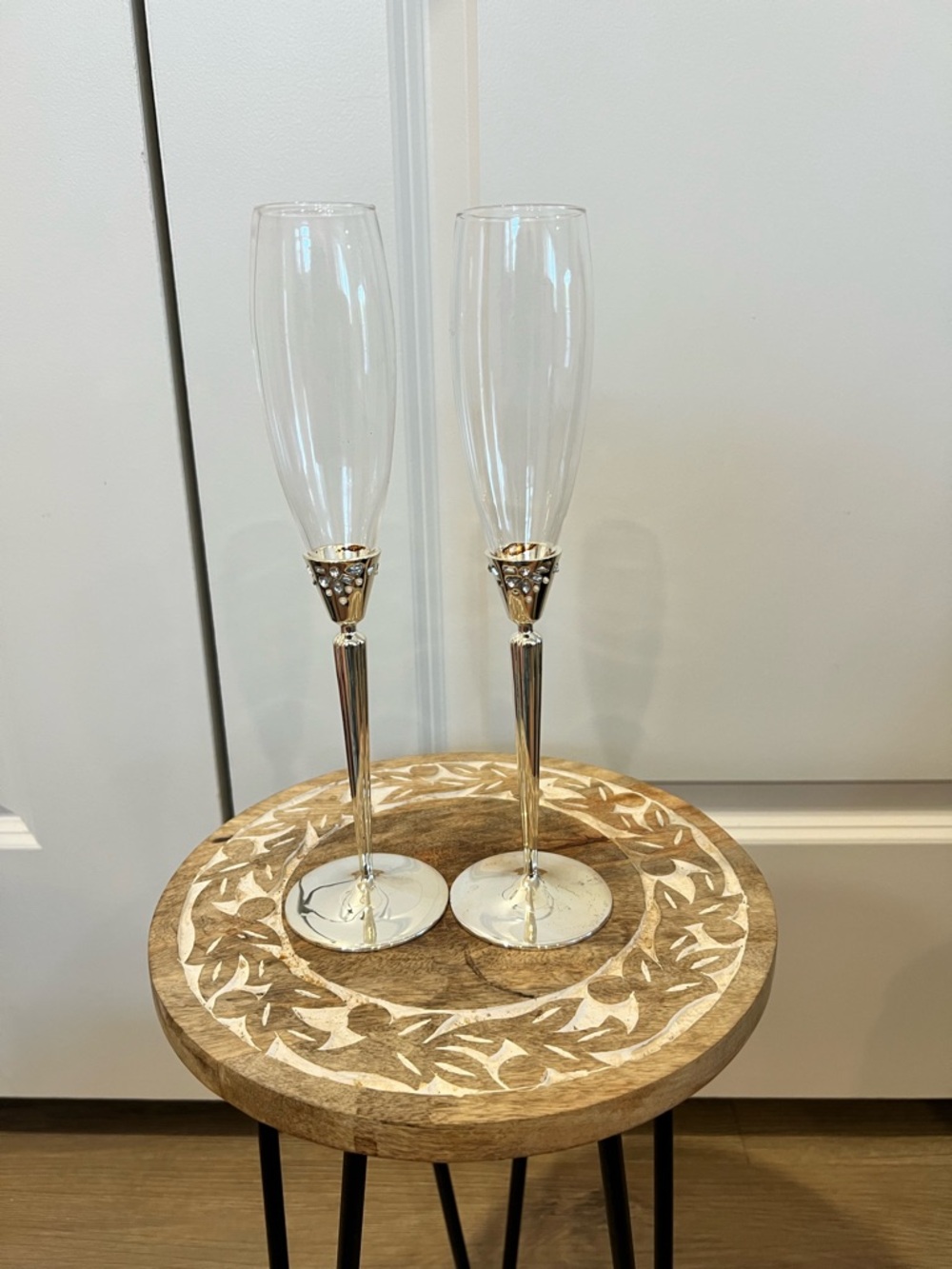 Monique Lhuillier Elegant Pair of Champagne Flutes with Silver Stems